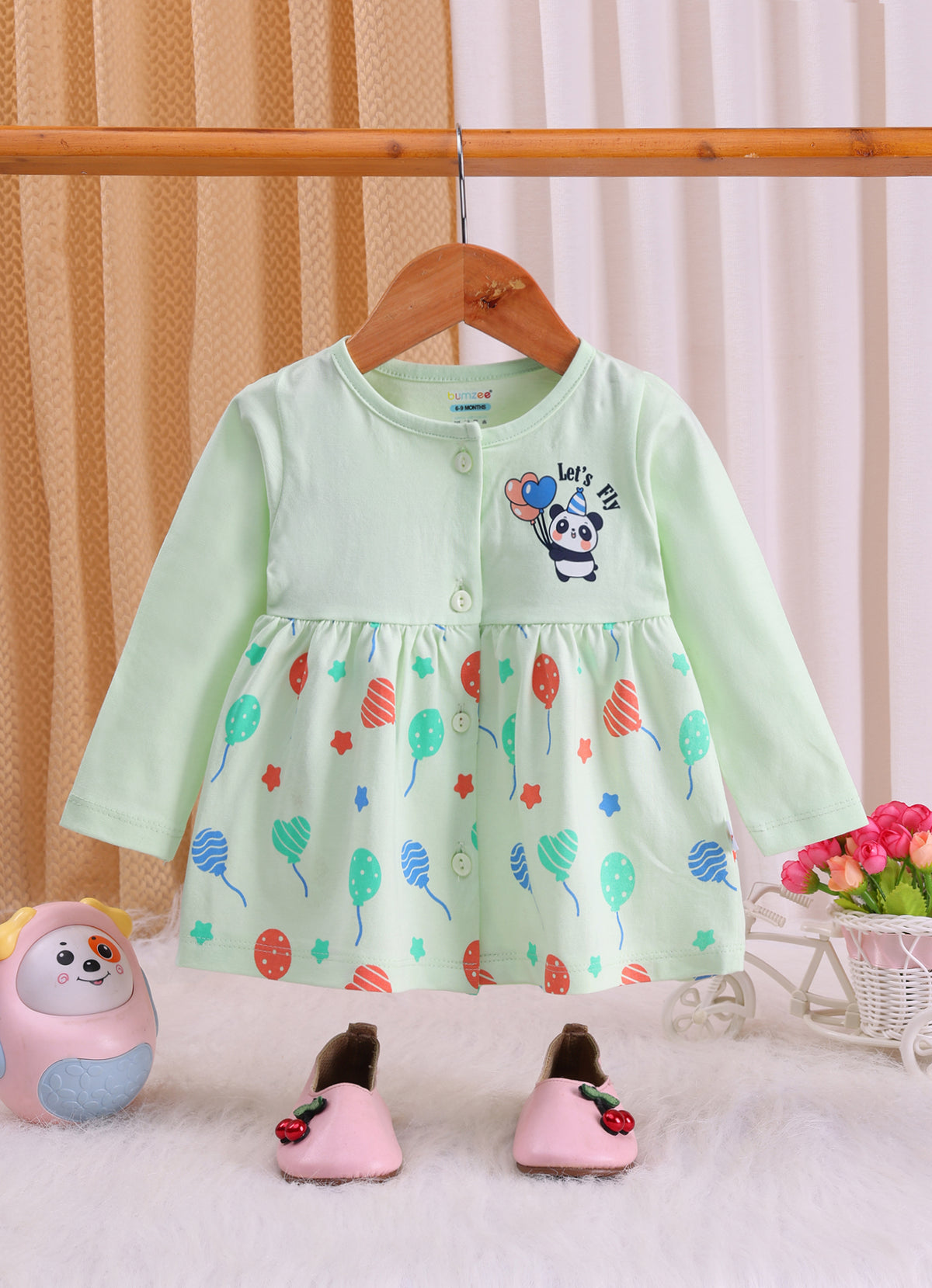 Bumzee Light Green Graphic Print Frock, Full Sleeves, 100% Cotton