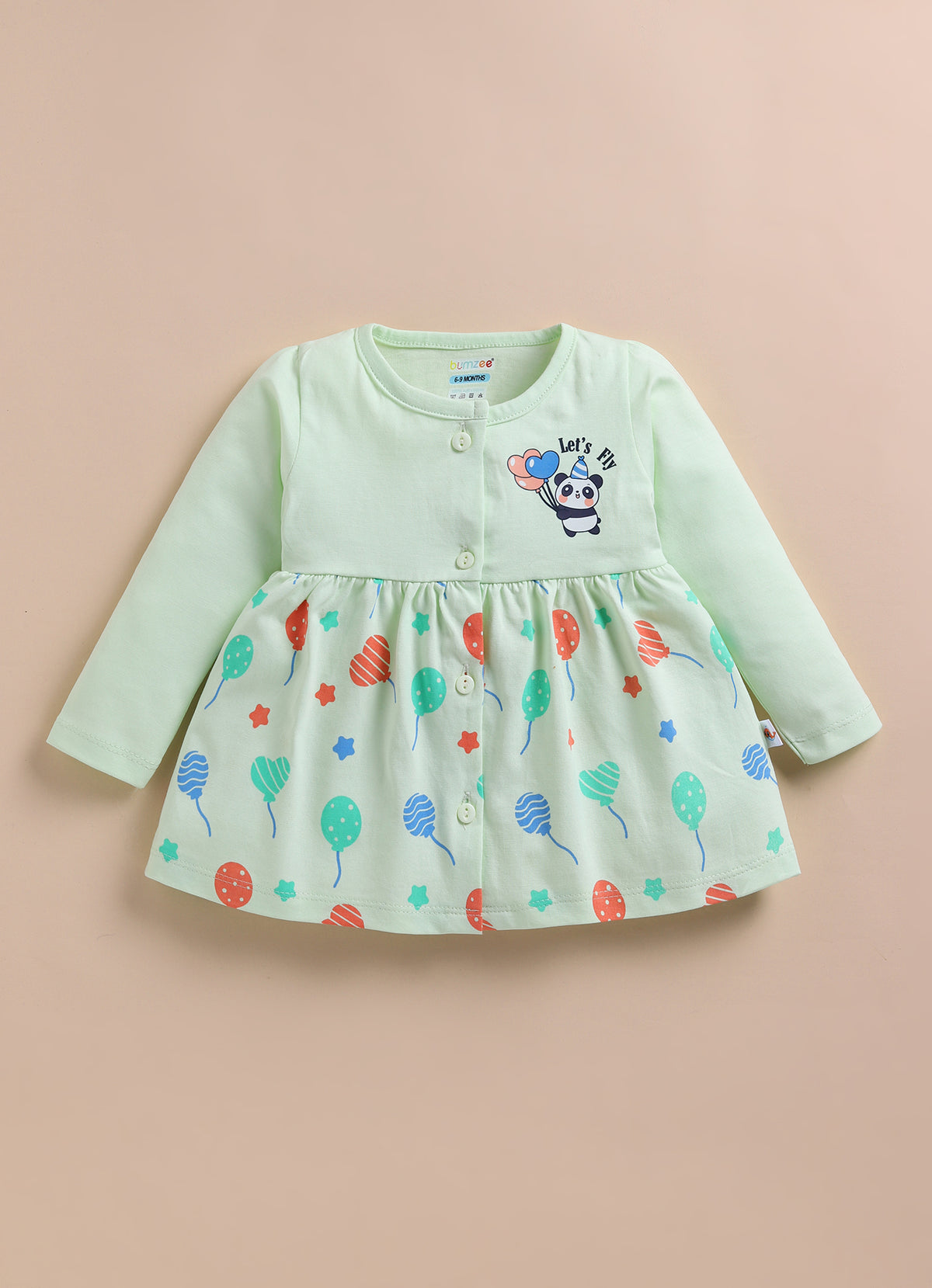 Bumzee Light Green Graphic Print Frock, Full Sleeves, 100% Cotton