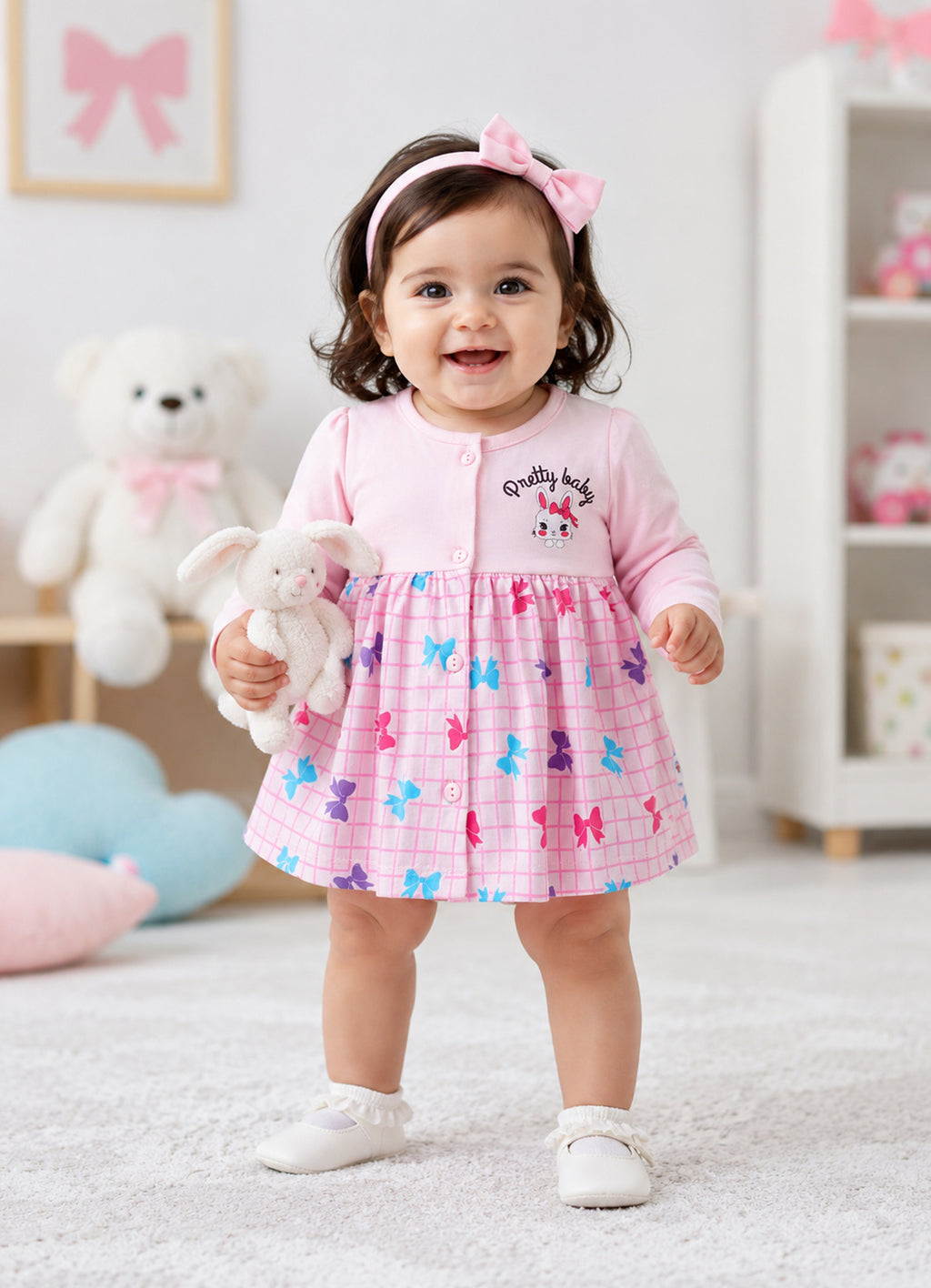 Bumzee Pink Graphic Print Frock, Full Sleeves, 100% Cotton, Knee Length (Style Peb11799)