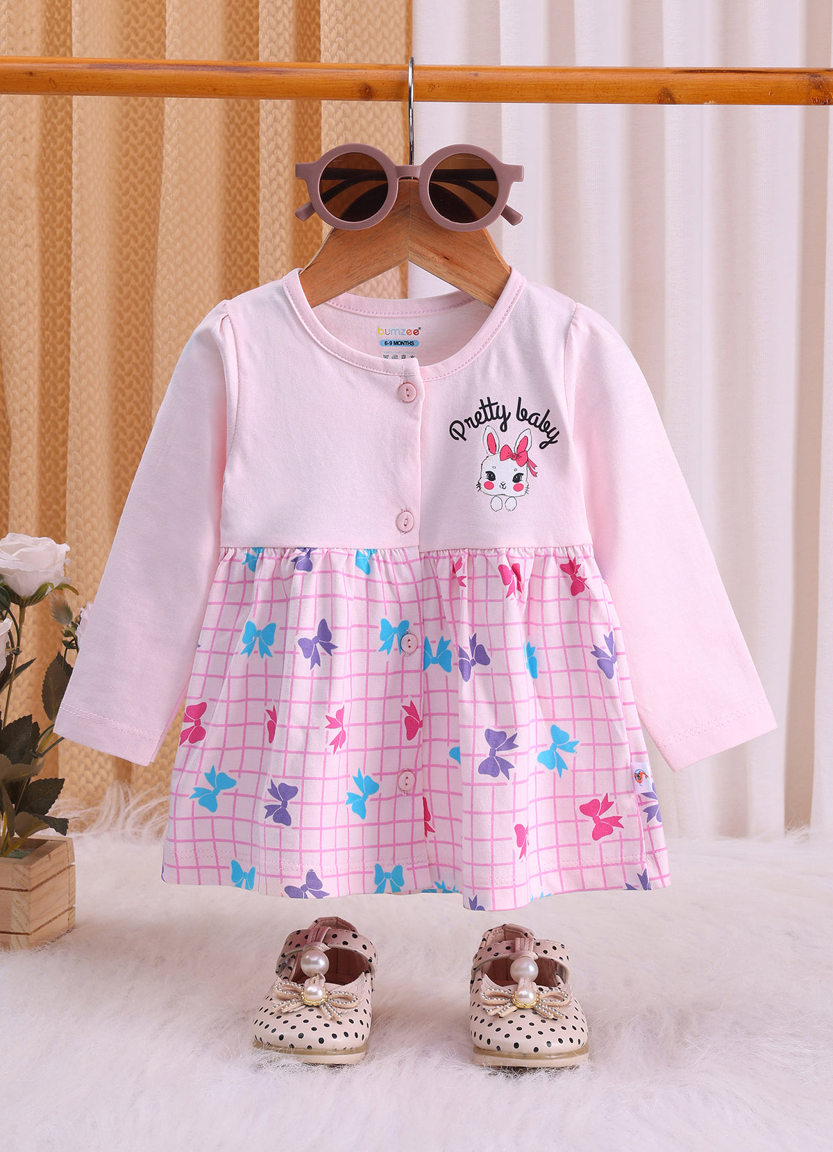 Bumzee Pink Graphic Print Frock, Full Sleeves, 100% Cotton, Knee Length (Style Peb11799)