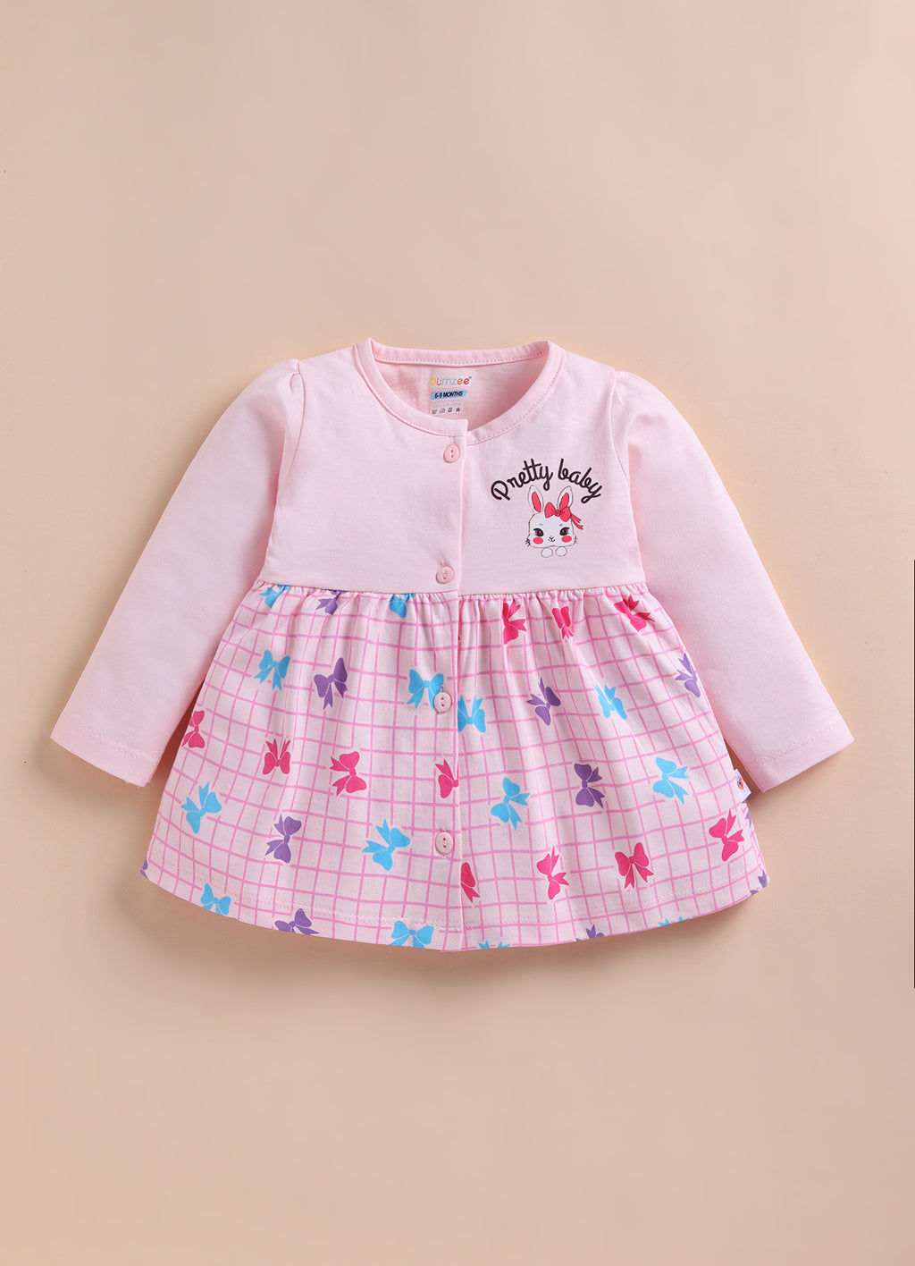 Bumzee Pink Graphic Print Frock, Full Sleeves, 100% Cotton, Knee Length (Style Peb11799)
