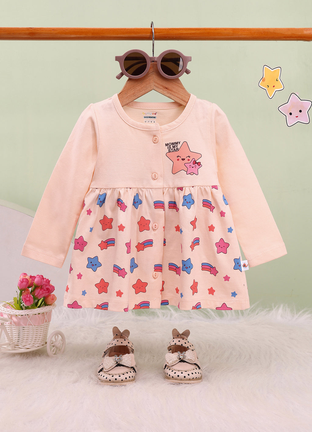 Bumzee Peach Graphic Print Frock, Full Sleeves, 100% Cotton