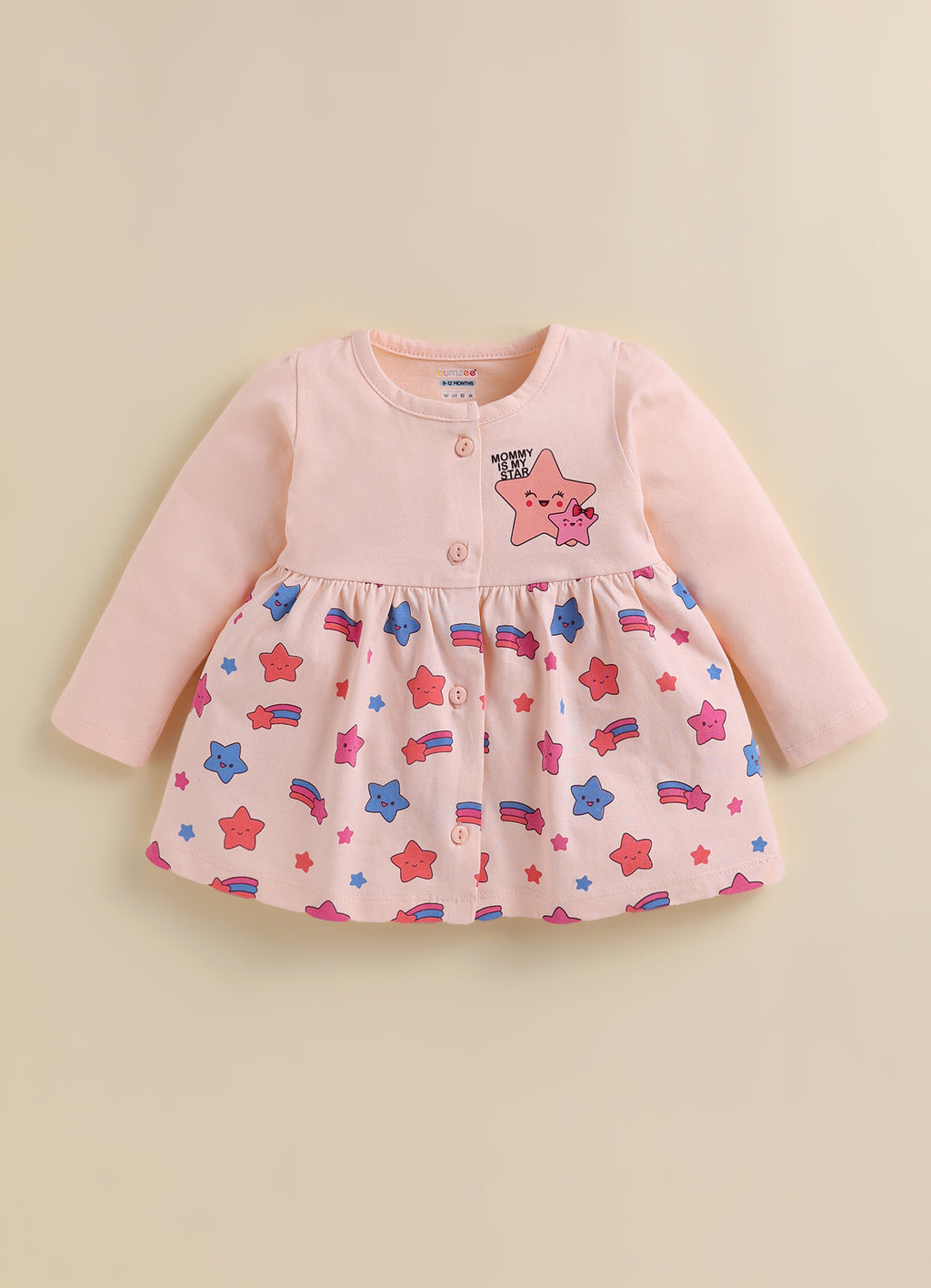 Bumzee Peach Graphic Print Frock, Full Sleeves, 100% Cotton