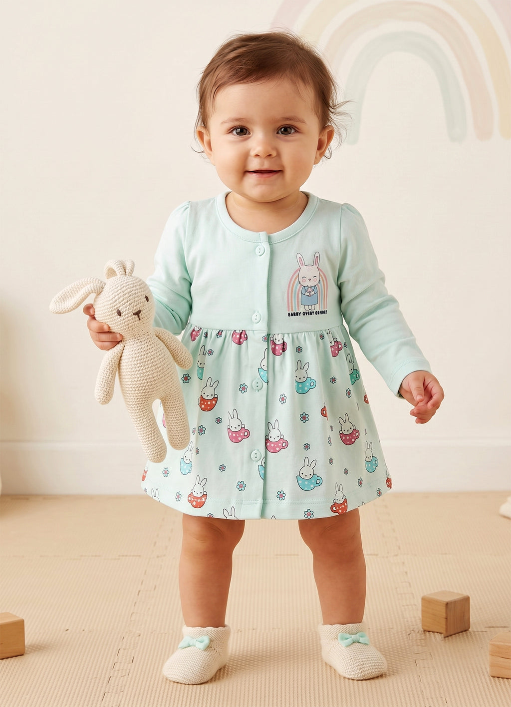 Bumzee Mint Animal Print Frock, Full Sleeves, 100% Cotton