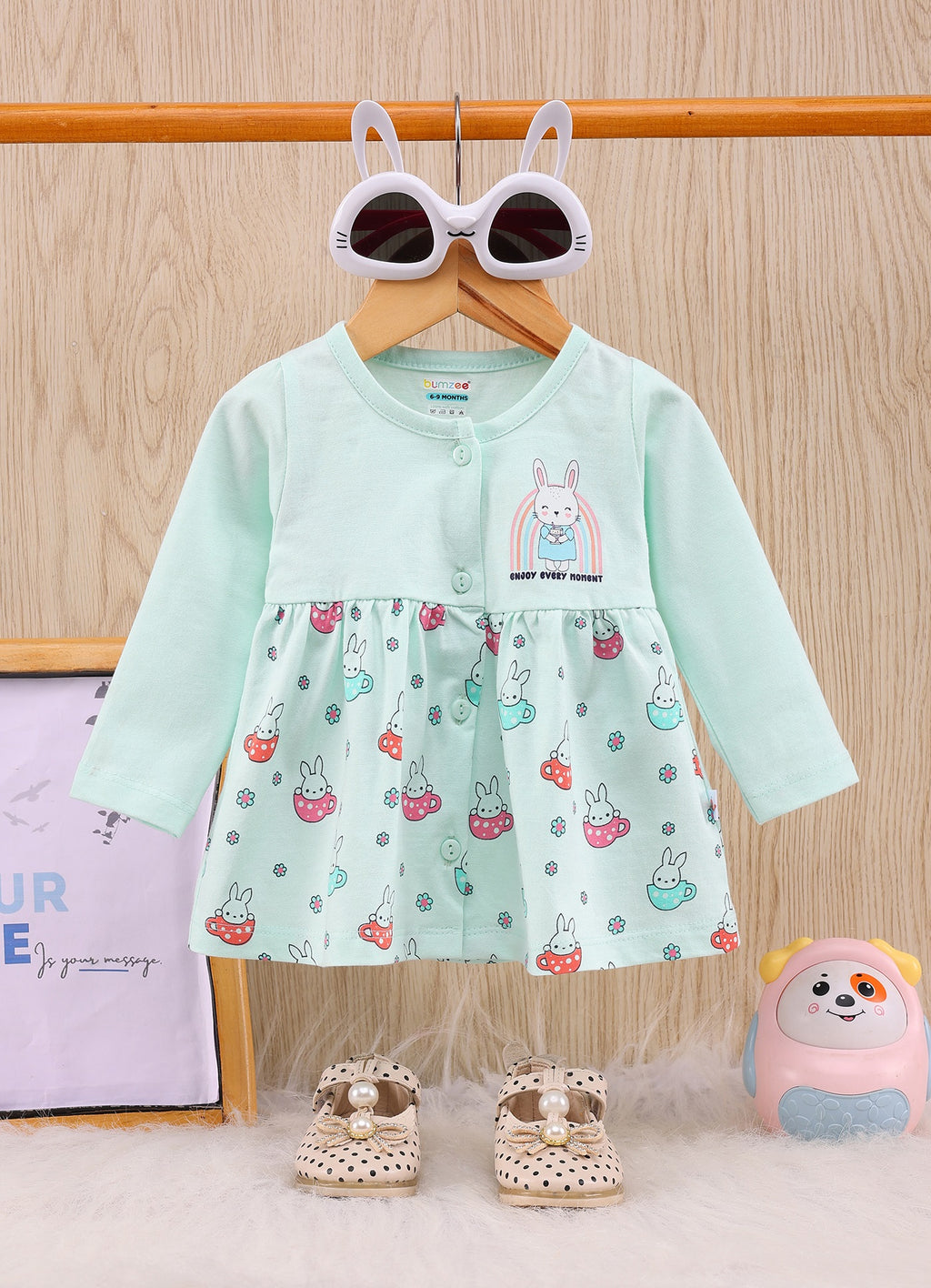 Bumzee Mint Animal Print Frock, Full Sleeves, 100% Cotton