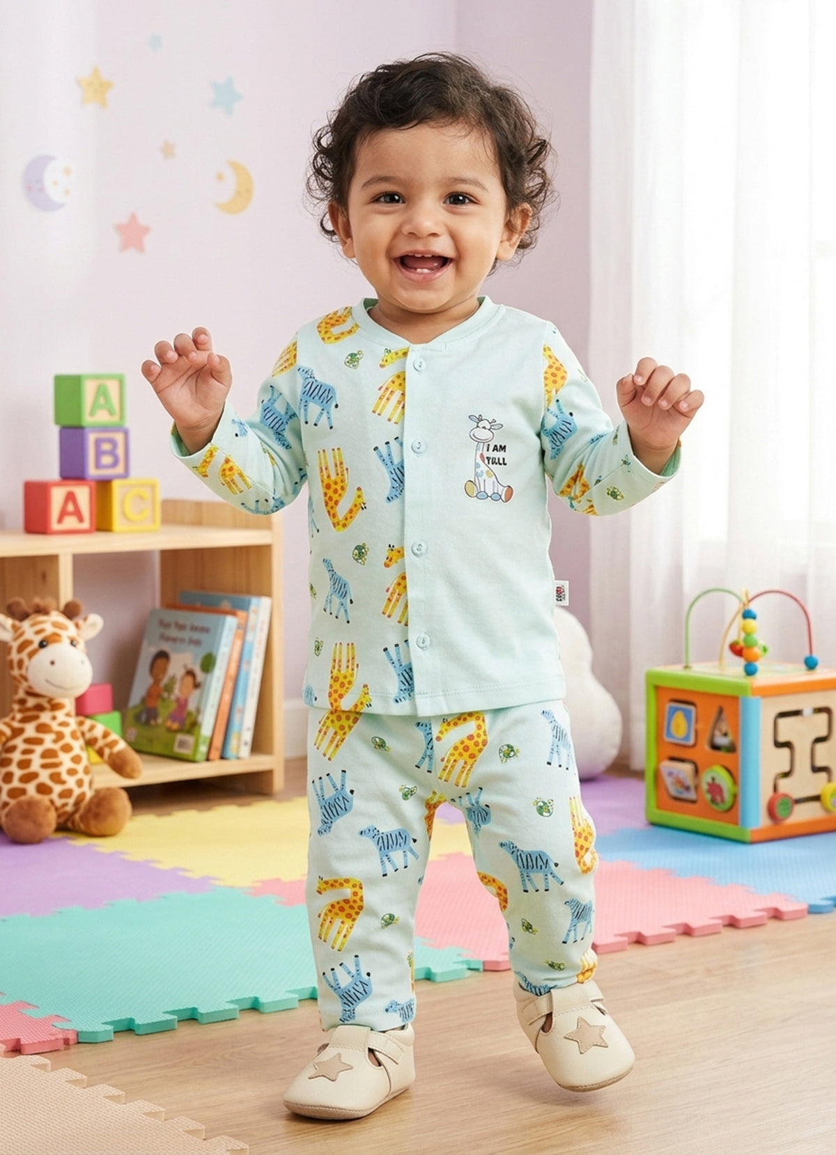 Bumzee Mint Green Animal Print Jabla & Pyjama Set, Full Sleeves, 100% Cotton (Style Peb11802)