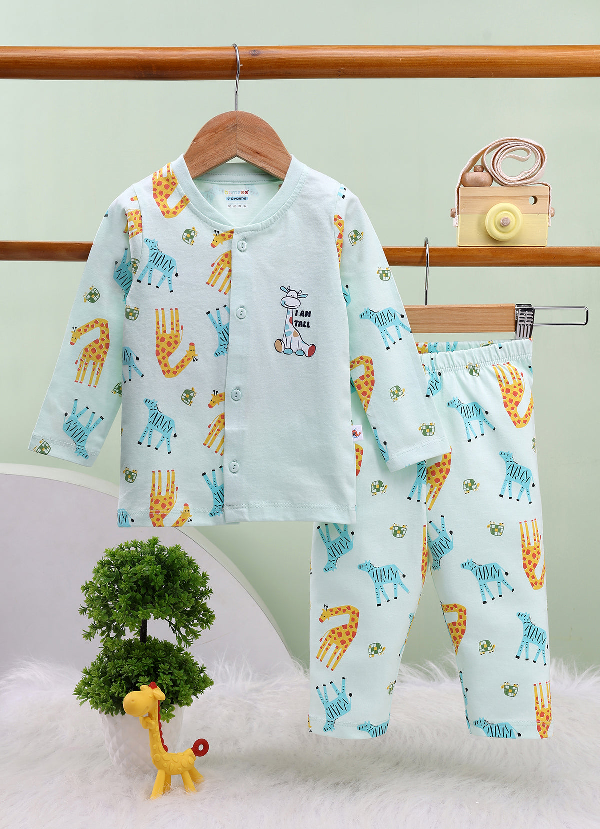 Bumzee Mint Green Animal Print Jabla & Pyjama Set, Full Sleeves, 100% Cotton (Style Peb11802)