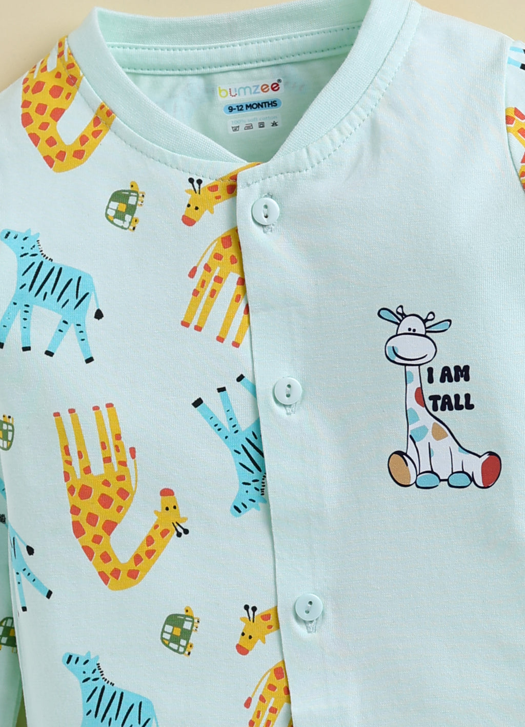 Bumzee Mint Green Animal Print Jabla & Pyjama Set, Full Sleeves, 100% Cotton (Style Peb11802)