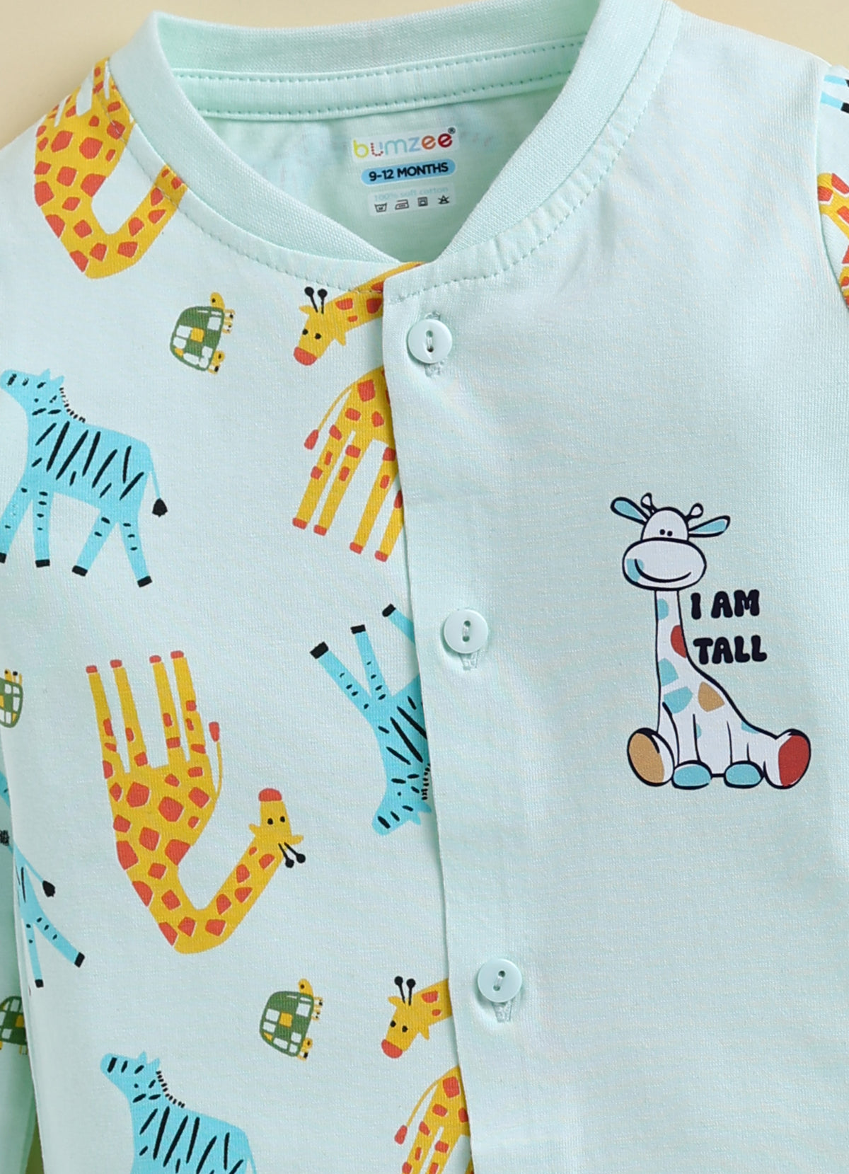 Bumzee Mint Green Animal Print Jabla & Pyjama Set, Full Sleeves, 100% Cotton (Style Peb11802)
