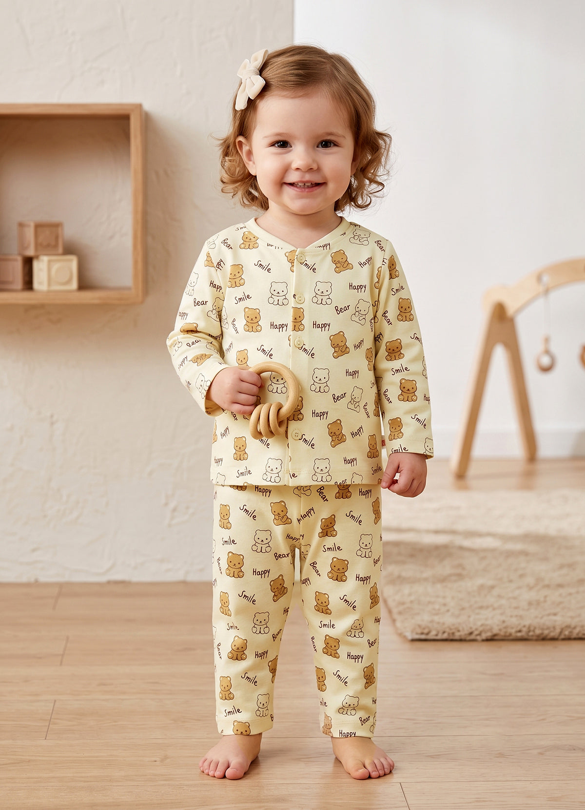 Bumzee Beige Animal Print Jabla & Pyjama Set, Full Sleeves, 100% Cotton (Style Peb11804)