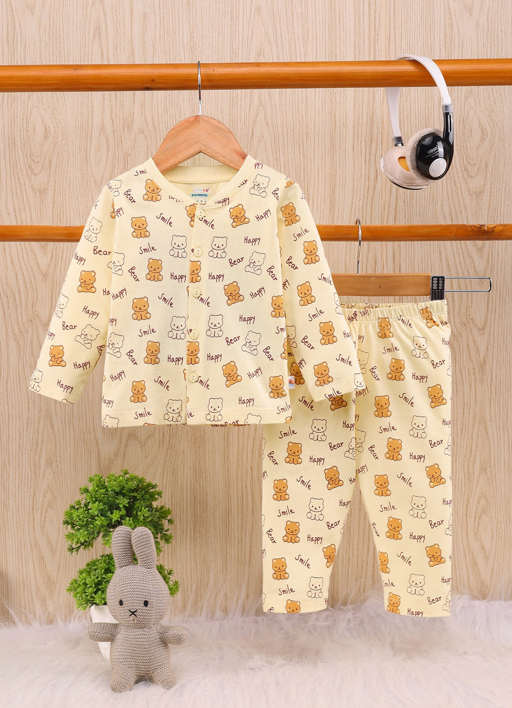 Bumzee Beige Animal Print Jabla & Pyjama Set, Full Sleeves, 100% Cotton (Style Peb11804)