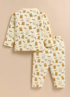 Bumzee Beige Animal Print Jabla & Pyjama Set, Full Sleeves, 100% Cotton (Style Peb11804)