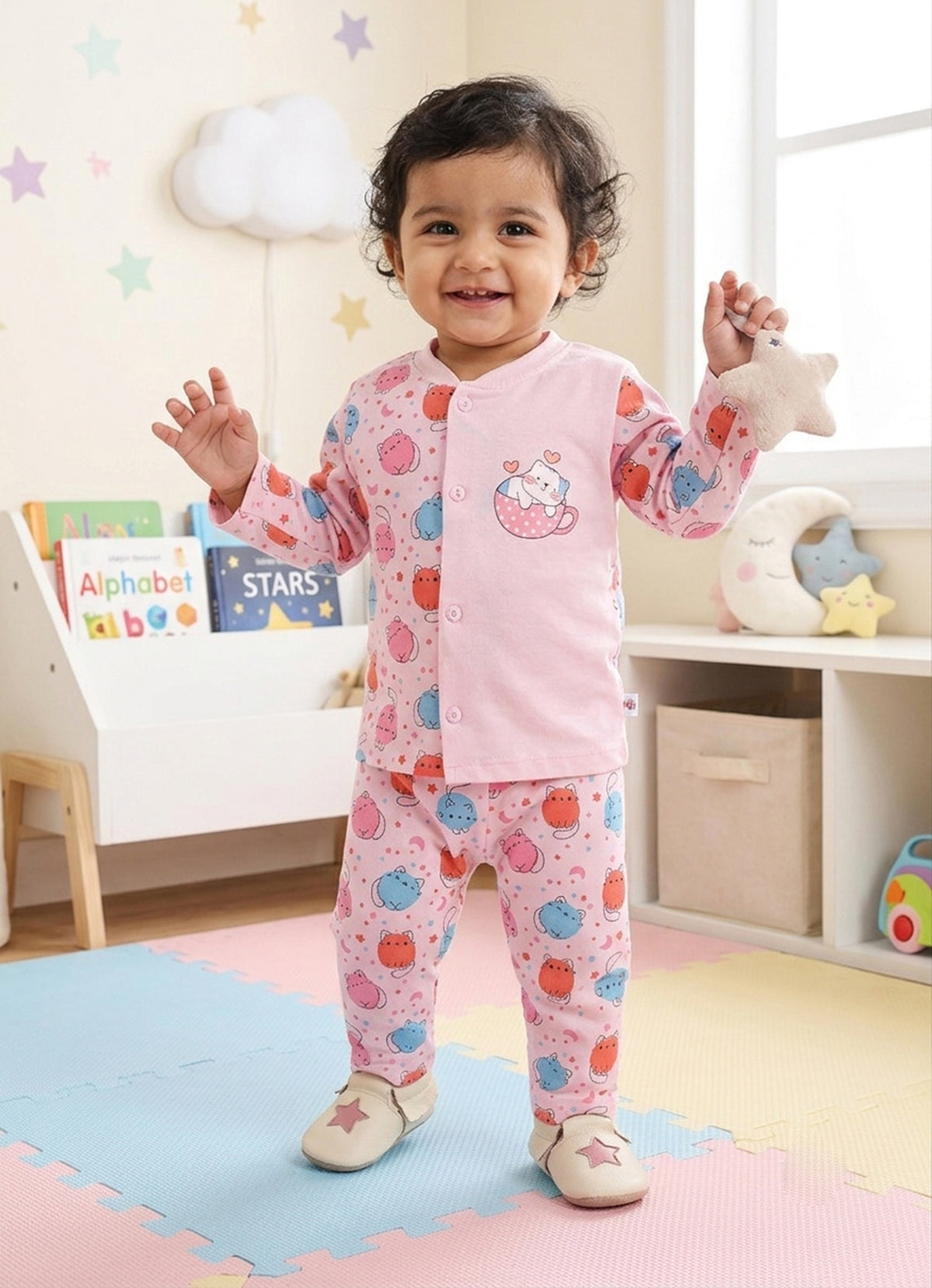 Bumzee Pink Animal Print Jabla & Pyjama Set, Full Sleeves, 100% Cotton