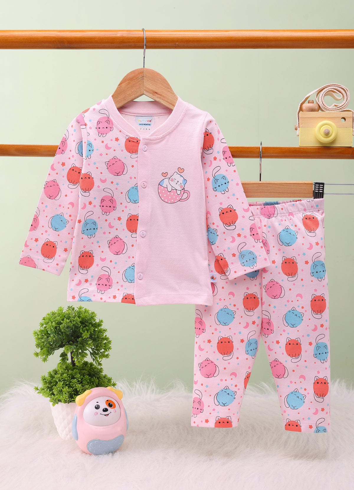 Bumzee Pink Animal Print Jabla & Pyjama Set, Full Sleeves, 100% Cotton