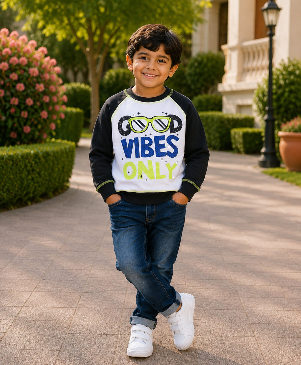 Bumzee White & Black Graphic Print Sweatshirt, Raglan Sleeves, Cotton Fleece