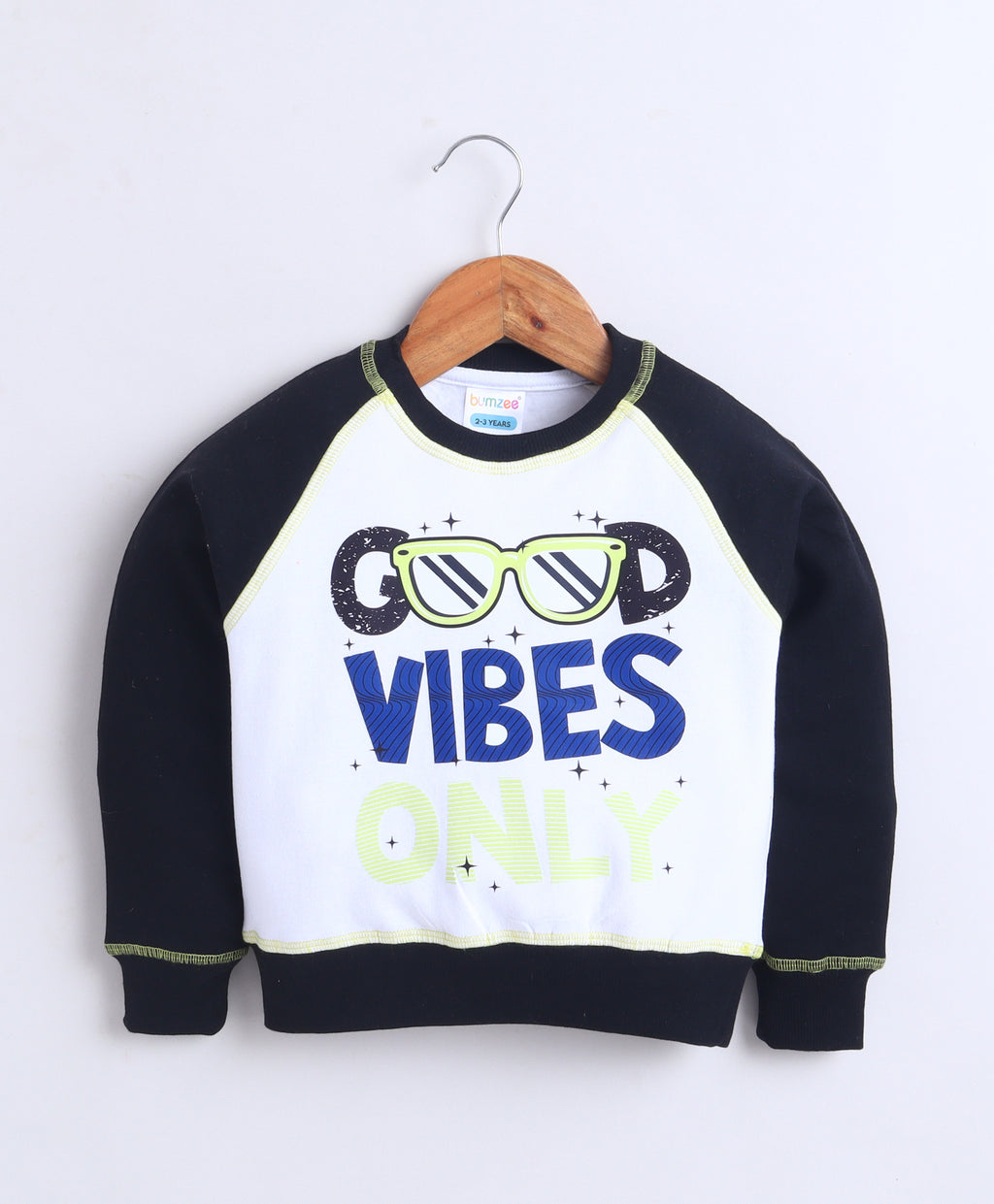 Bumzee White & Black Graphic Print Sweatshirt, Raglan Sleeves, Cotton Fleece