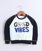 Bumzee White & Black Graphic Print Sweatshirt, Raglan Sleeves, Cotton Fleece
