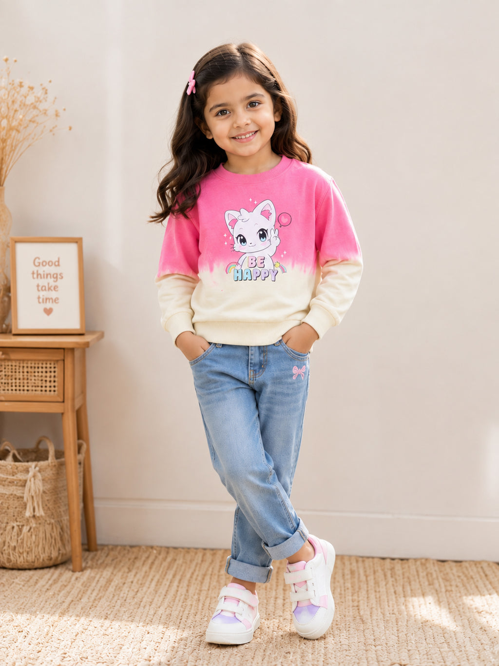 Bumzee Pink Tie & Dye Sweatshirt, Full Sleeves, Cotton Blend