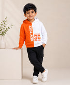 Orange & White Cut & Sew Hooded Sweatshirt, Full Sleeves, Cotton Fleece Blend