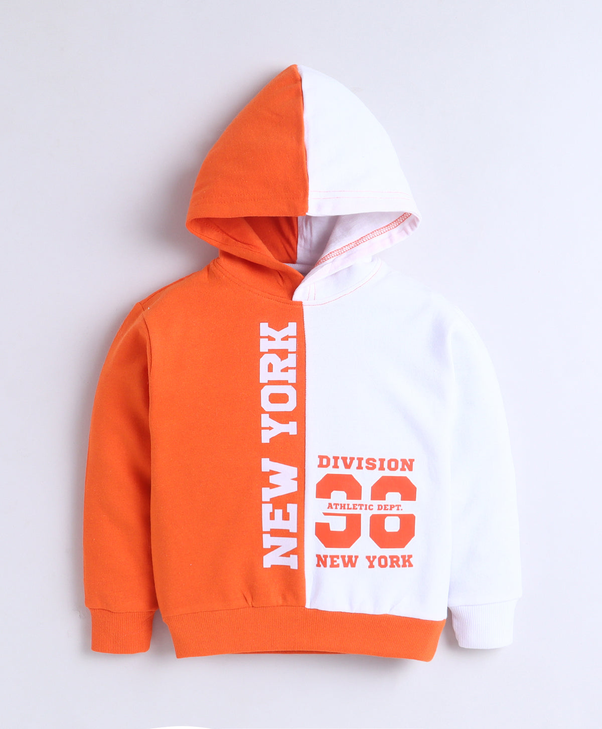 Orange & White Cut & Sew Hooded Sweatshirt, Full Sleeves, Cotton Fleece Blend