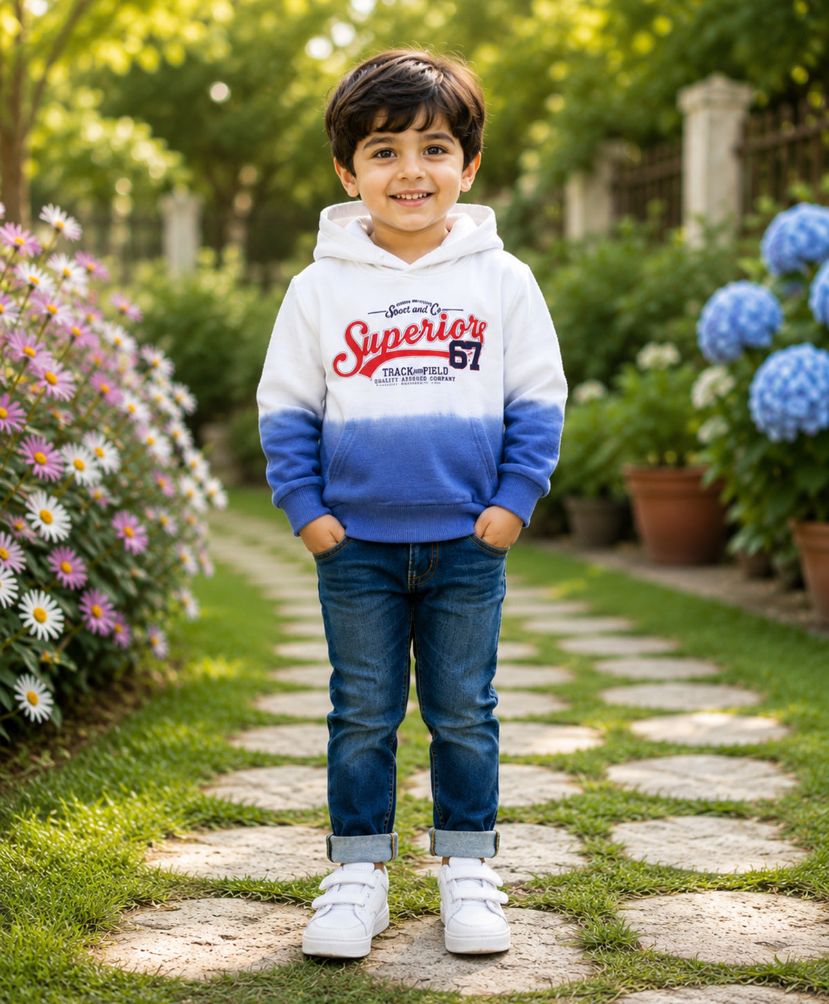Bumzee Blue Tie & Dye Sweatshirt, Full Sleeves, Cotton Blend, Hooded