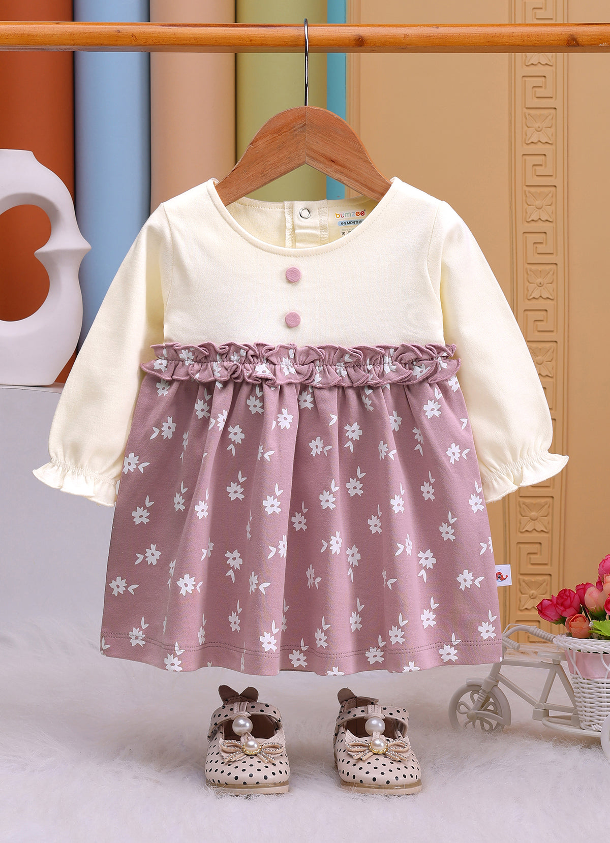 Bumzee Onion Pink Floral Print Frock, Full Sleeves, 100% Cotton