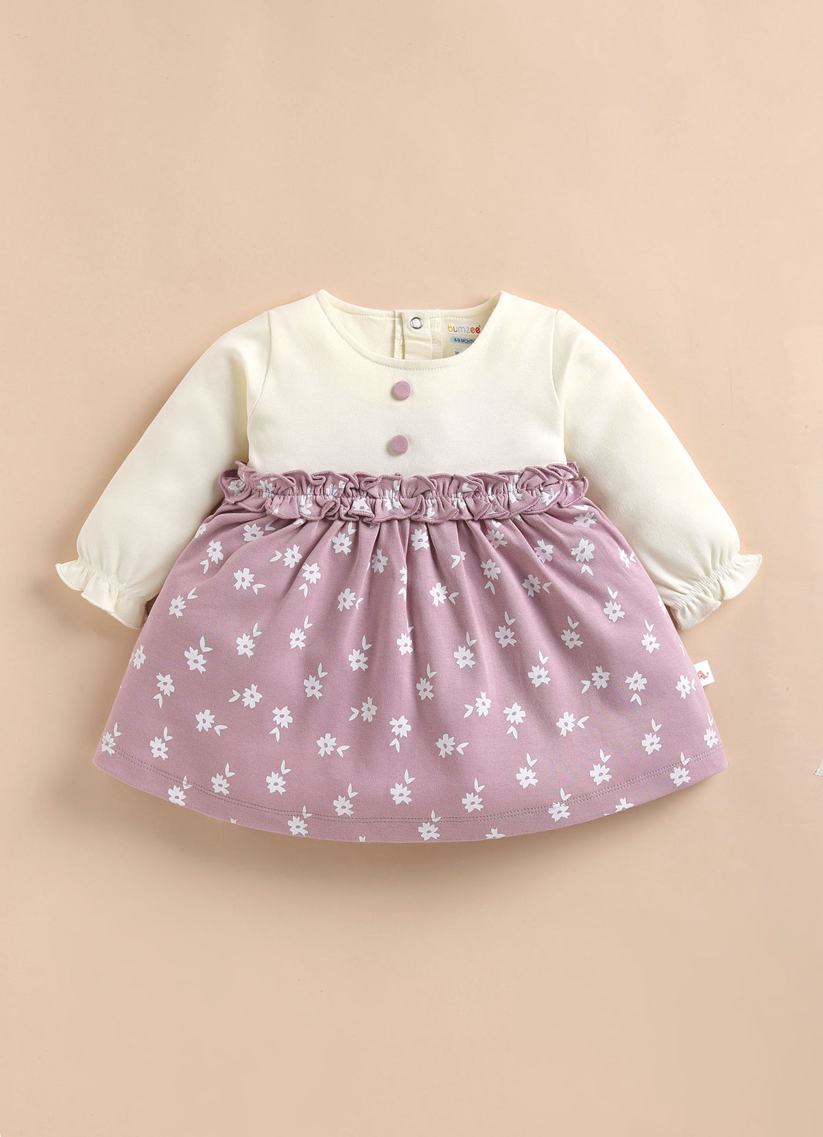 Bumzee Onion Pink Floral Print Frock, Full Sleeves, 100% Cotton