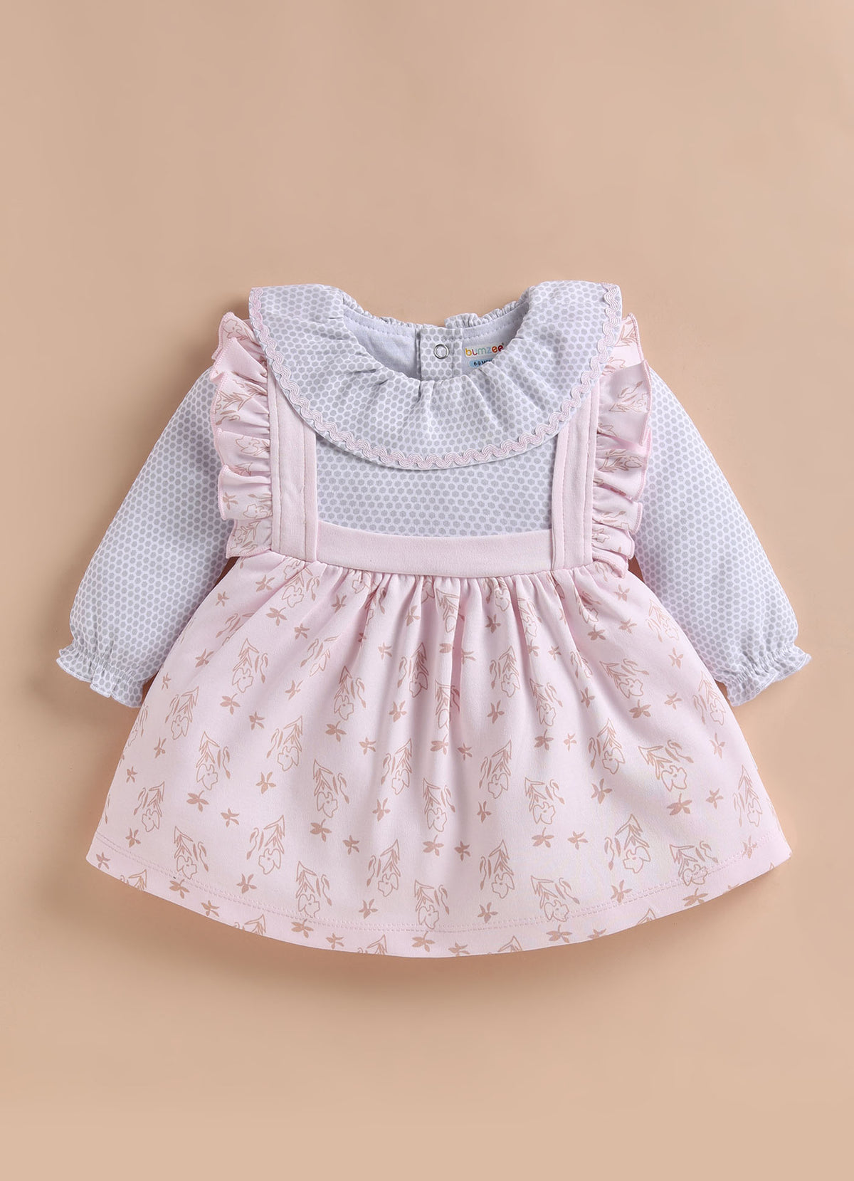 Bumzee Pink Floral Print Frock, Full Sleeves, 100% Cotton