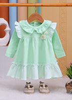 Bumzee Green Striped Frock, Full Sleeves, 100% Cotton