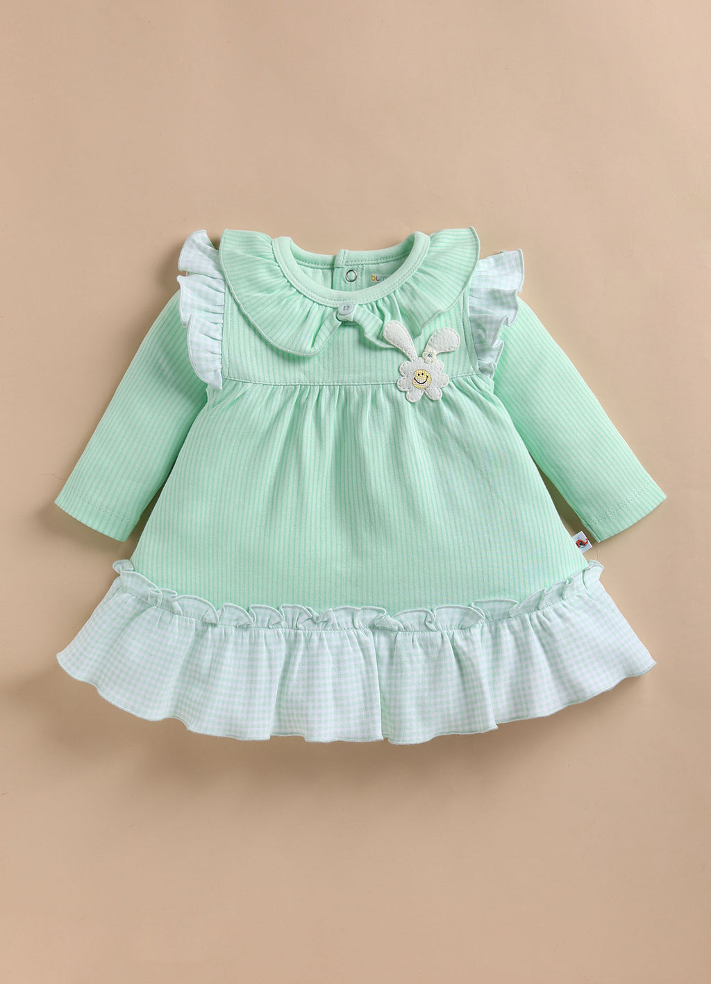 Bumzee Green Striped Frock, Full Sleeves, 100% Cotton