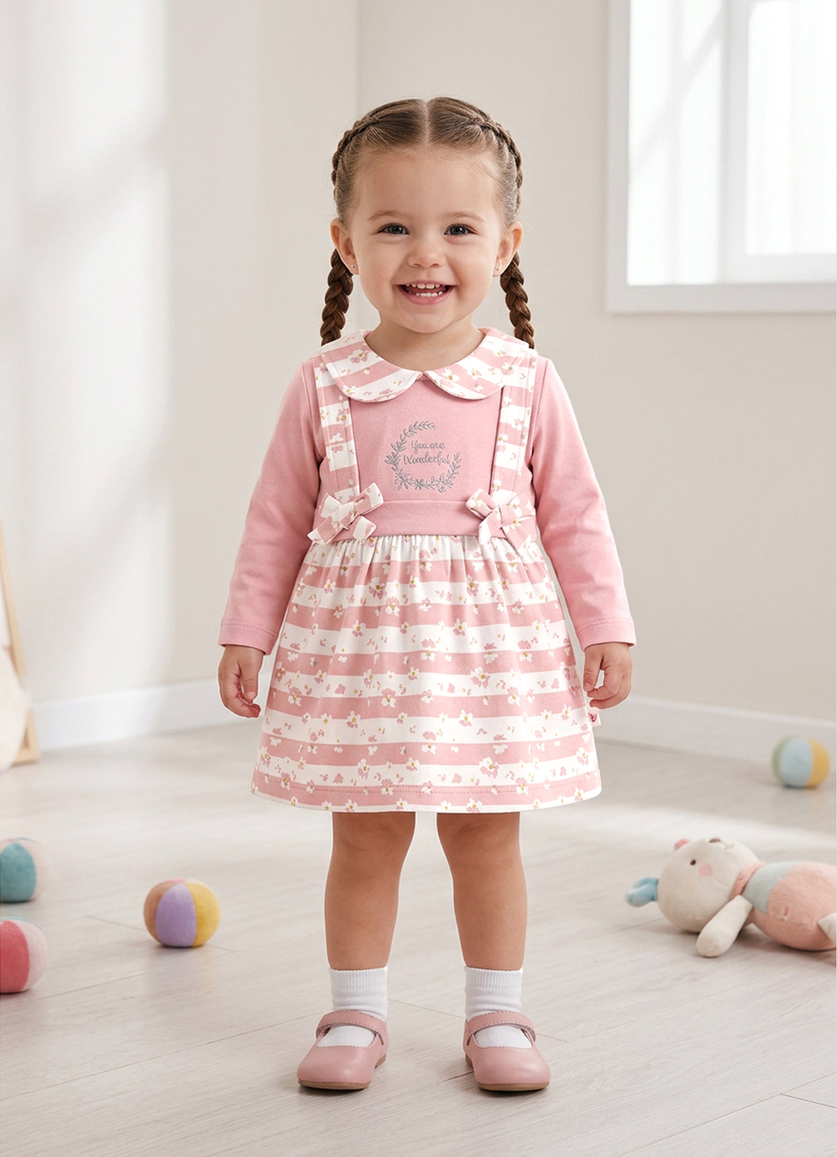 Bumzee Peach Floral Print Frock, Full Sleeves, 100% Cotton