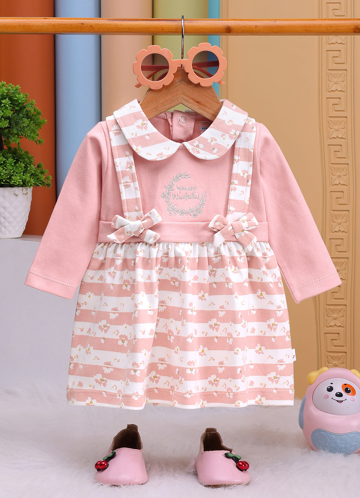 Bumzee Peach Floral Print Frock, Full Sleeves, 100% Cotton