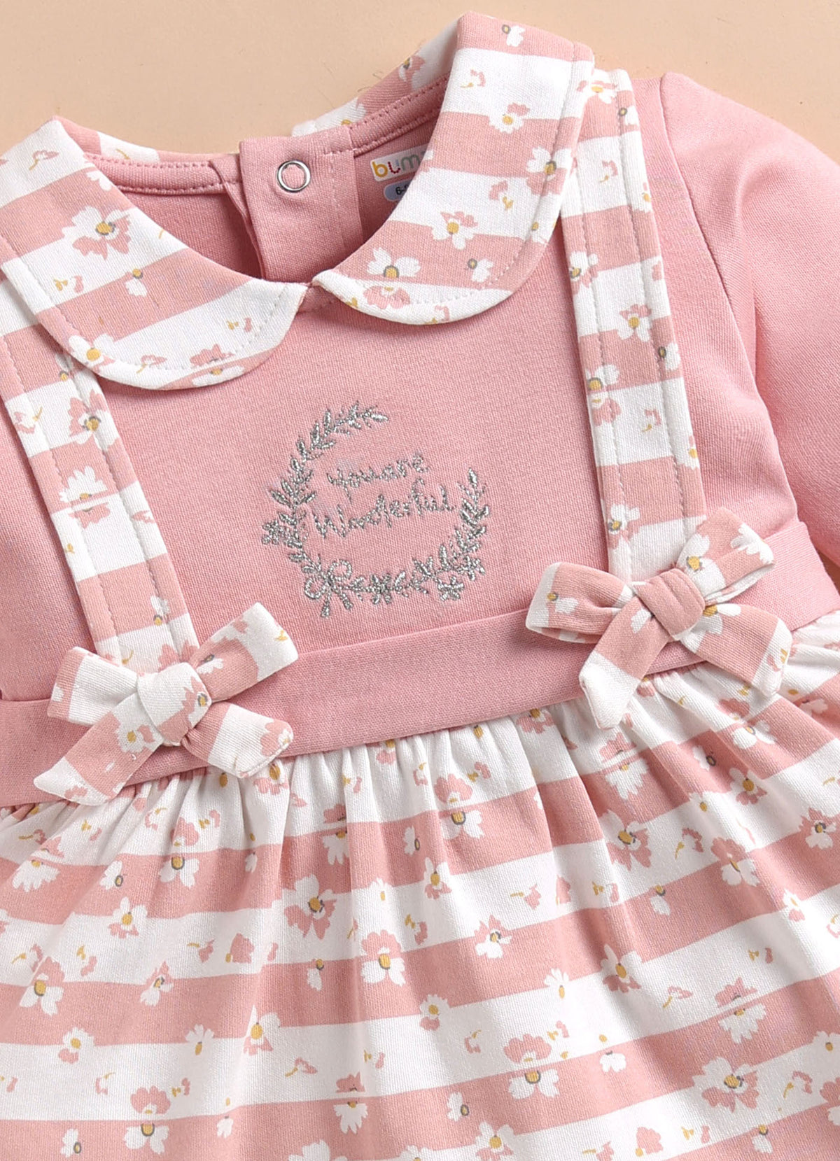 Bumzee Peach Floral Print Frock, Full Sleeves, 100% Cotton