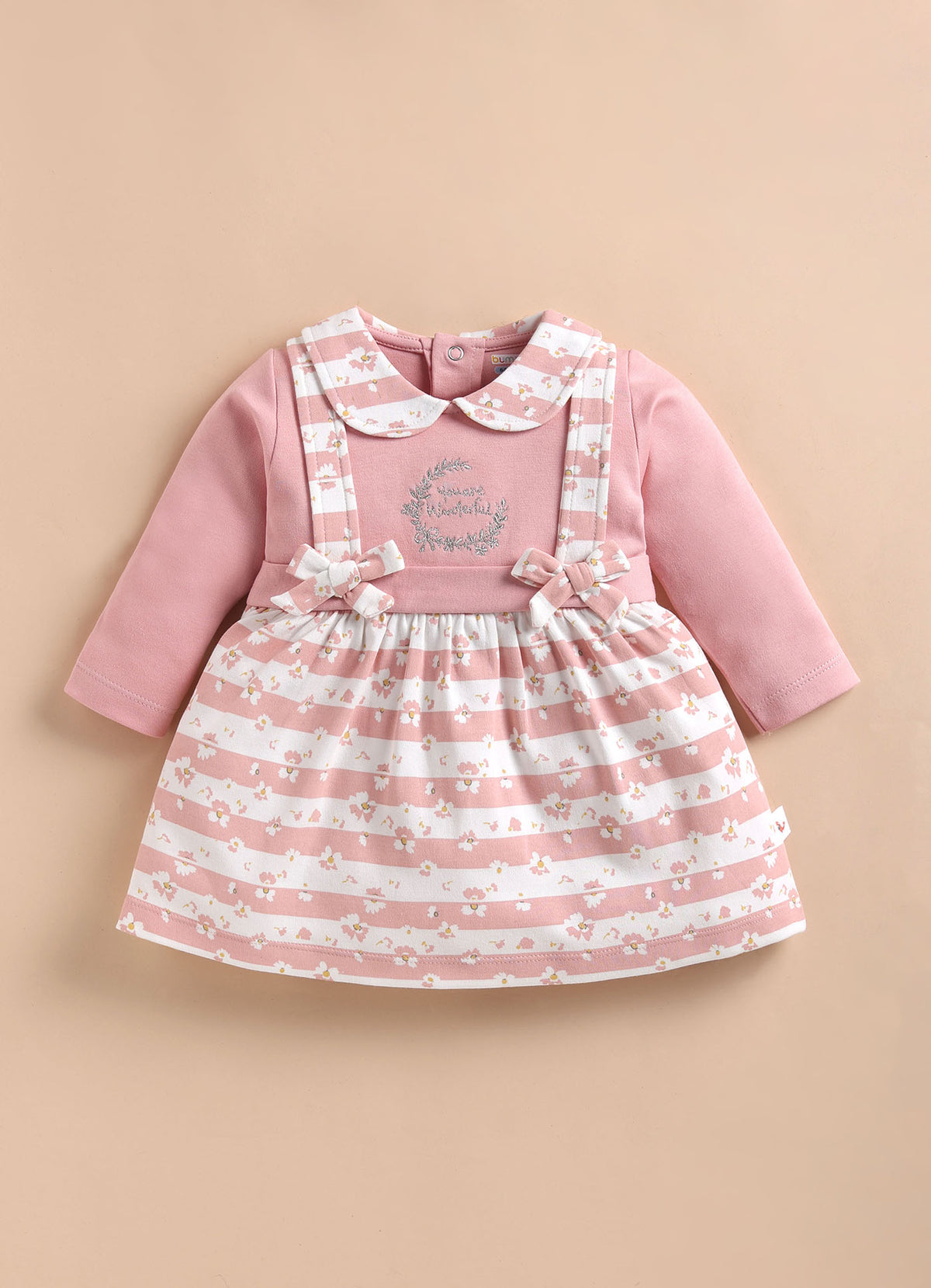 Bumzee Peach Floral Print Frock, Full Sleeves, 100% Cotton
