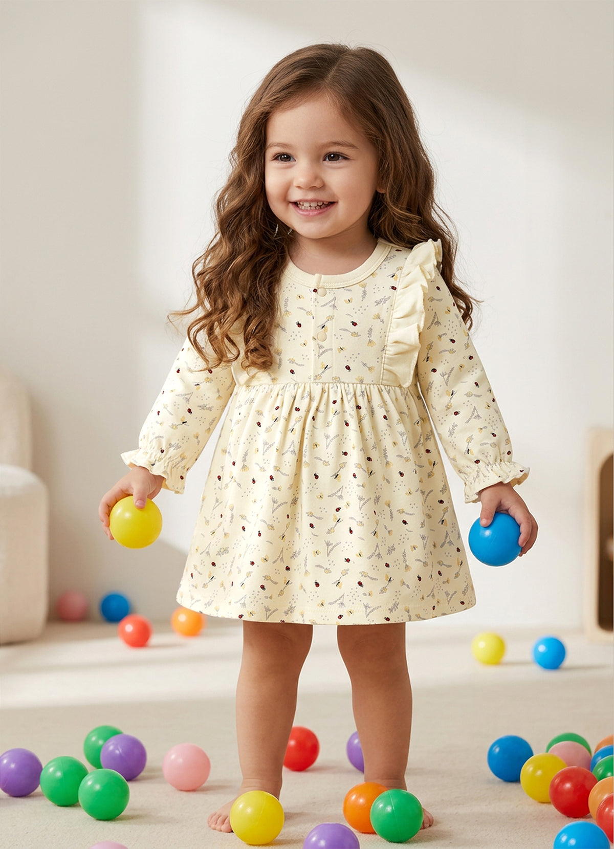 Bumzee Cream Floral Print Frock, Full Sleeves, 100% Cotton