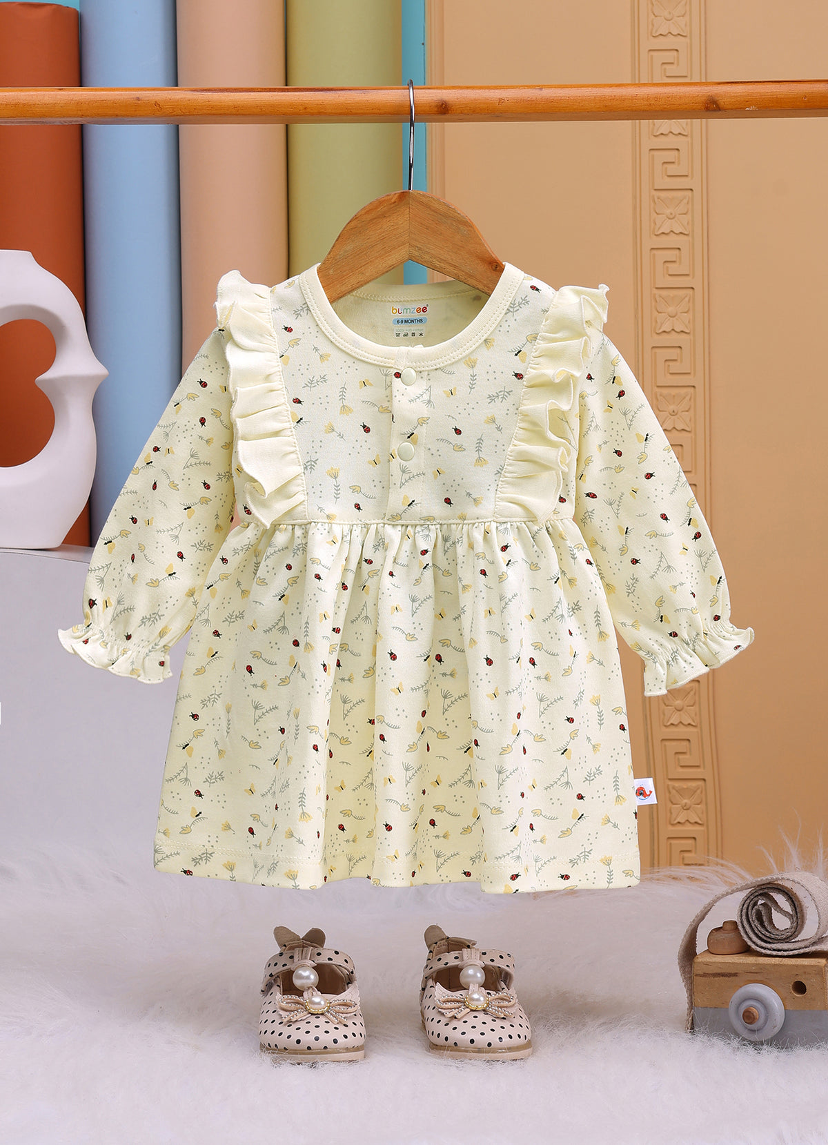 Bumzee Cream Floral Print Frock, Full Sleeves, 100% Cotton