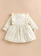 Bumzee Cream Floral Print Frock, Full Sleeves, 100% Cotton