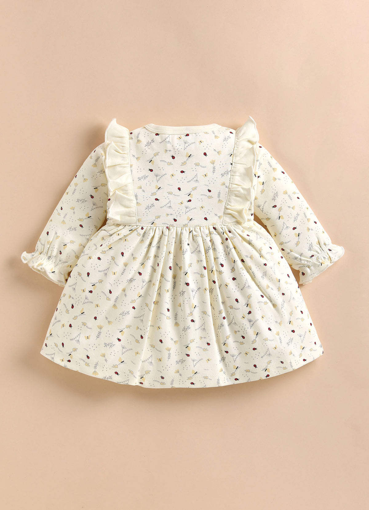 Bumzee Cream Floral Print Frock, Full Sleeves, 100% Cotton