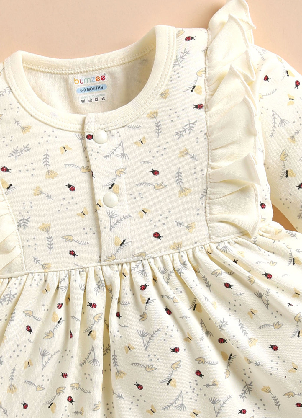 Bumzee Cream Floral Print Frock, Full Sleeves, 100% Cotton