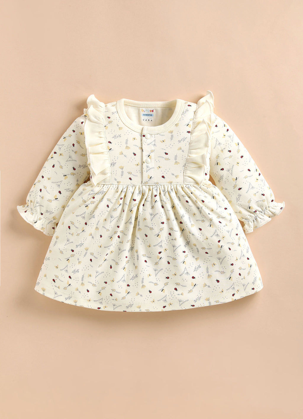 Bumzee Cream Floral Print Frock, Full Sleeves, 100% Cotton
