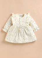 Bumzee Cream Floral Print Frock, Full Sleeves, 100% Cotton