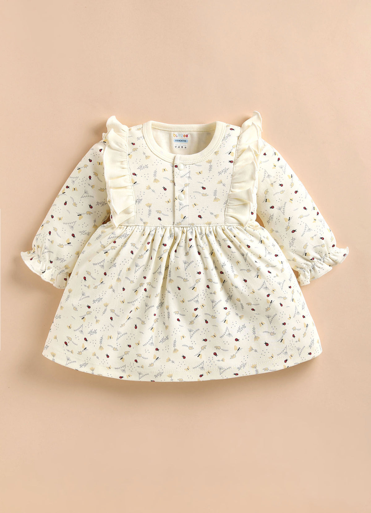 Bumzee Cream Floral Print Frock, Full Sleeves, 100% Cotton