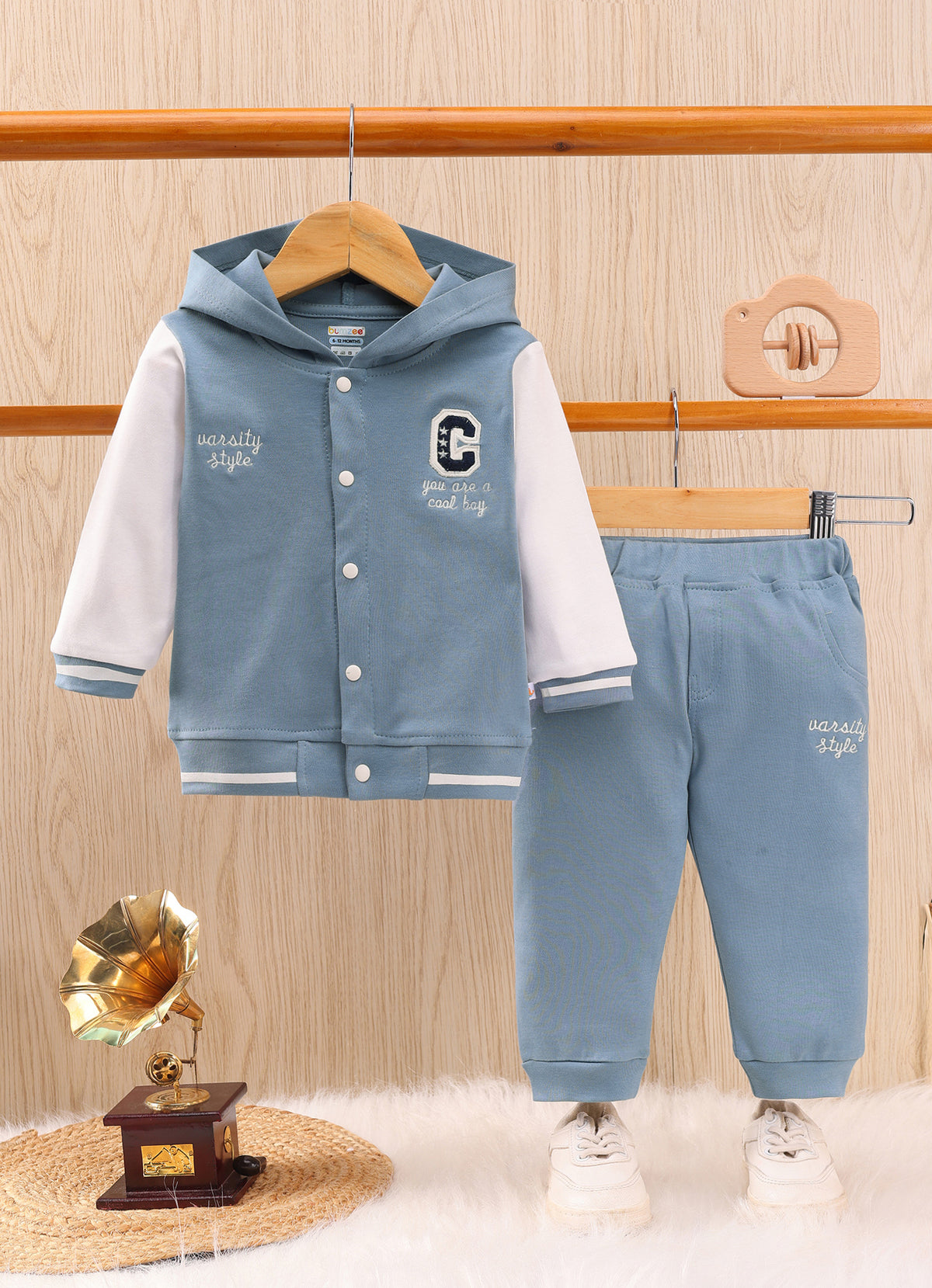 Bumzee Blue Embroidered Winter Set, Full Sleeves, 100% Cotton, Hooded (Style Peb11833)