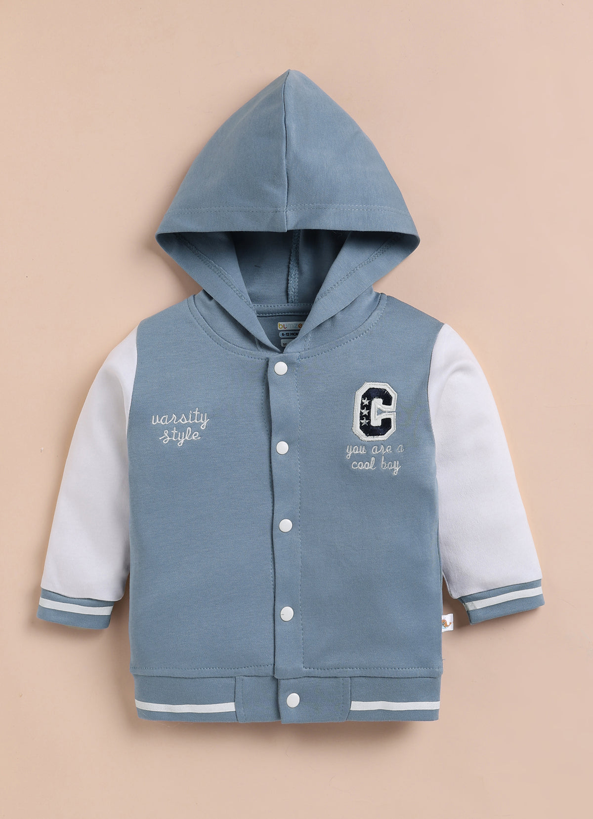 Bumzee Blue Embroidered Winter Set, Full Sleeves, 100% Cotton, Hooded (Style Peb11833)