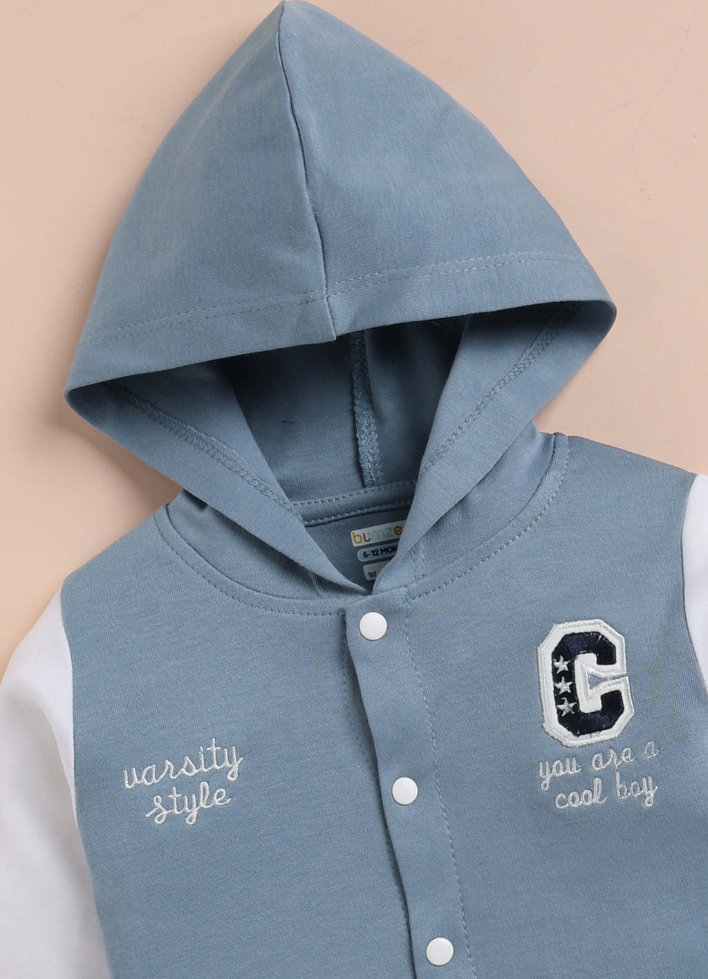 Bumzee Blue Embroidered Winter Set, Full Sleeves, 100% Cotton, Hooded (Style Peb11833)
