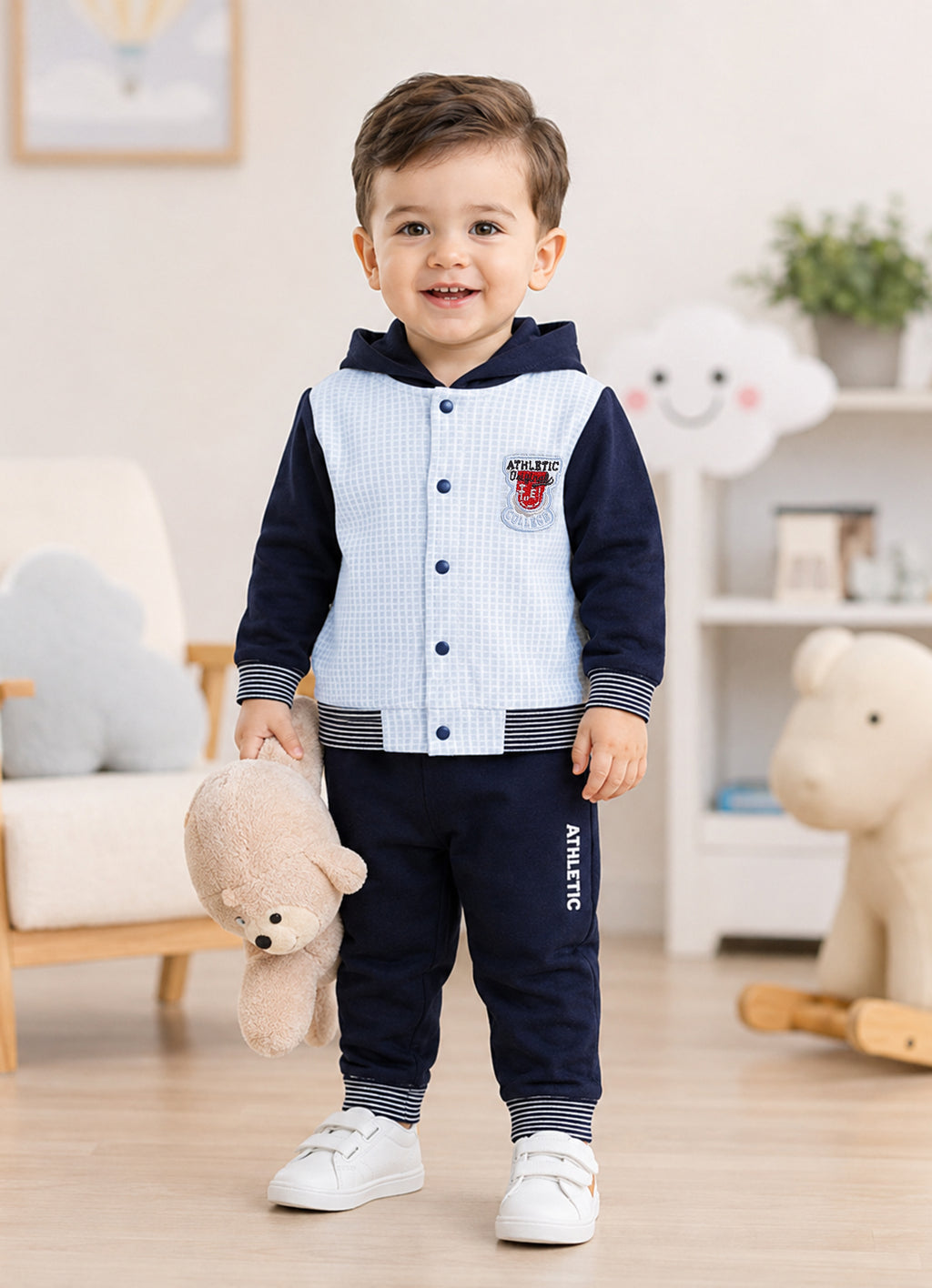Bumzee Navy & Grey Embroidered Winter Set, Full Sleeves, 100% Cotton