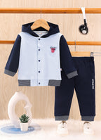 Bumzee Navy & Grey Embroidered Winter Set, Full Sleeves, 100% Cotton