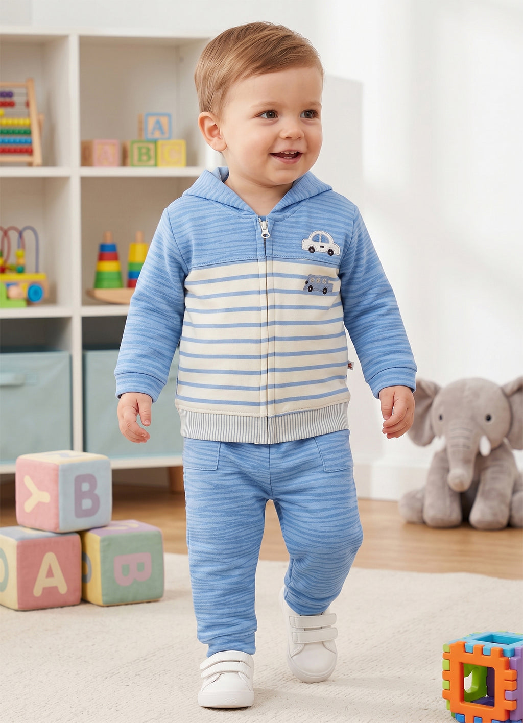 Bumzee Blue Embroidered Winter Set, Full Sleeves, 100% Cotton, Hooded (Style Peb11835)
