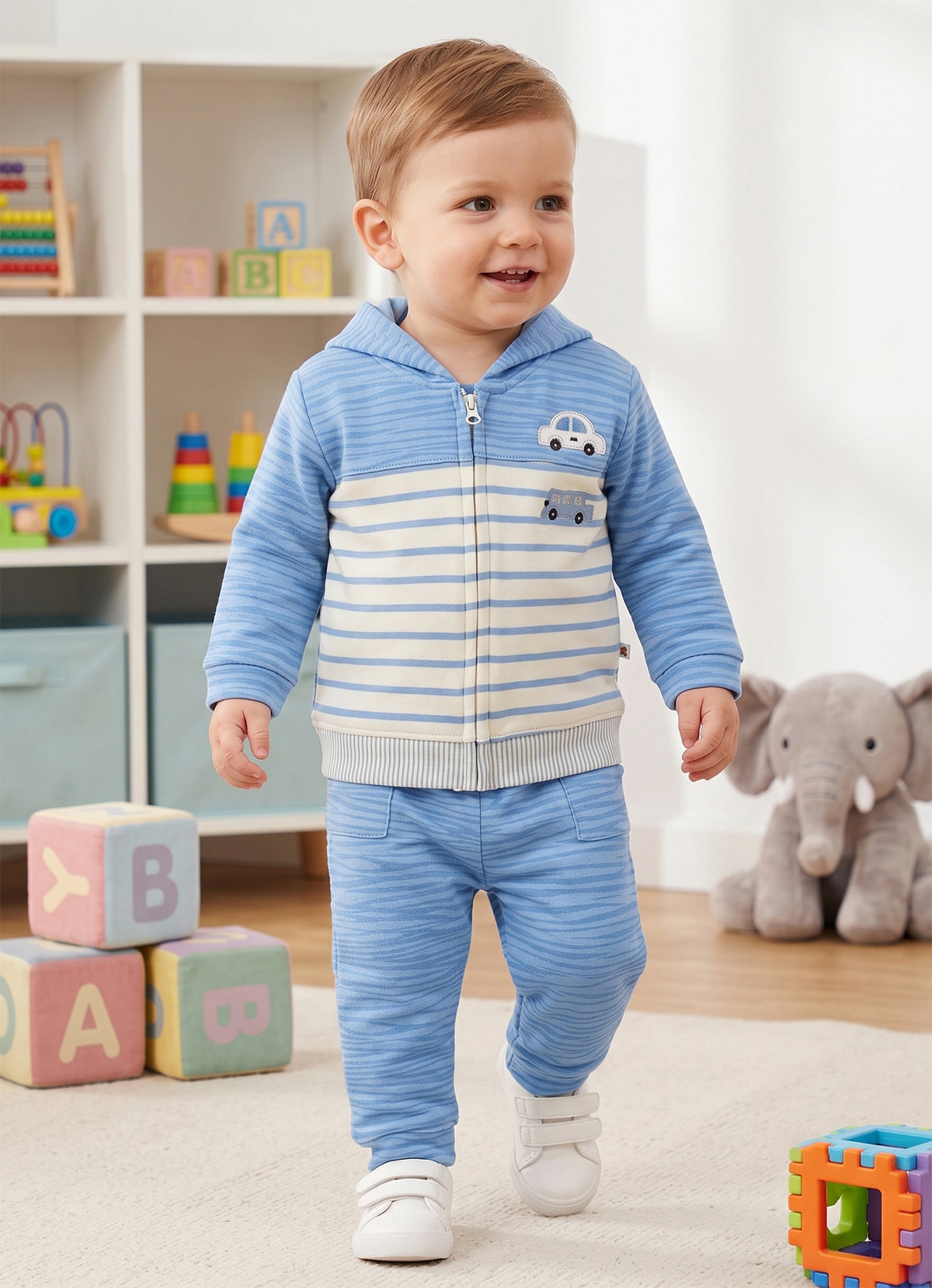 Bumzee Blue Embroidered Winter Set, Full Sleeves, 100% Cotton, Hooded (Style Peb11835)