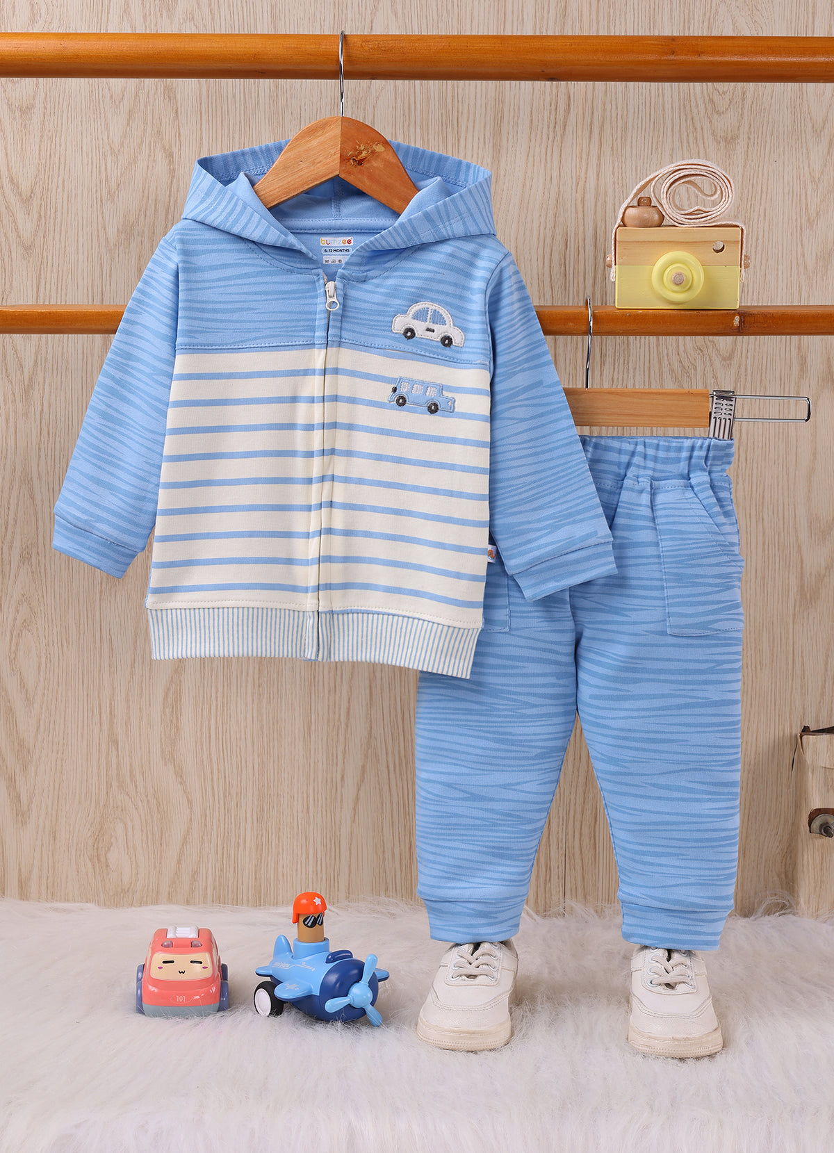 Bumzee Blue Embroidered Winter Set, Full Sleeves, 100% Cotton, Hooded (Style Peb11835)